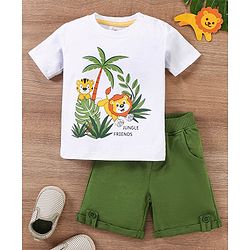 Babyhug 100% Cotton Half Sleeves T-Shirt and Knee Length Shorts Lion Print - White and Olive