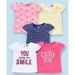 Babyhug Cotton Short Sleeves Tees with Graphics & Frill Detailing Pack of 5 - Blue & Pink