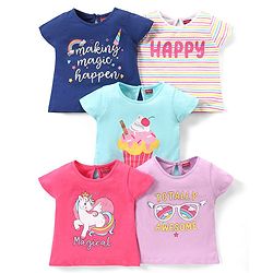 Babyhug 100% Cotton Half Sleeves Tee With Unicorn & Text Graphics Pack of 5- Pink & Blue