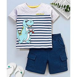 Babyhug Half Sleeves Cotton T-Shirt & Shorts Set Stripes & Dino Print - White & Blue