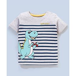 Babyhug Half Sleeves Cotton T-Shirt & Shorts Set Stripes & Dino Print - White & Blue