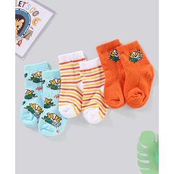Cute Walk by Babyhug Anti Bacterial Ankle Length Non Terry Striped Socks Pack of 3  Tiger Design - Blue Orange