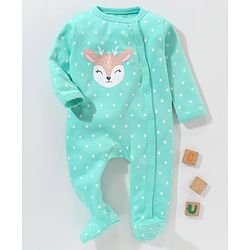 Babyhug Cotton Full Sleeves Sleep Suit Deer & Polka Dots Printed - Green