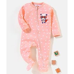 Babyhug Cotton Knit Full Sleeves Footed Sleepsuit Stars & Bear Print - Peach