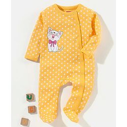 Babyhug Cotton Knit Full Sleeves Footed Sleepsuit Polka Dots & Cat Print - Yellow