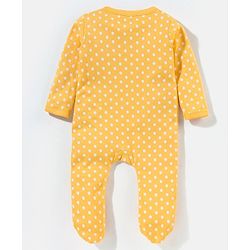 Babyhug Cotton Knit Full Sleeves Footed Sleepsuit Polka Dots & Cat Print - Yellow