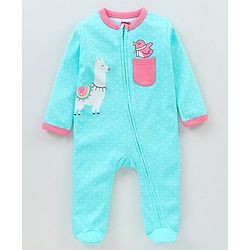 Babyhug Cotton Full Sleeves Sleep Suit Llama & Bird Print- Blue
