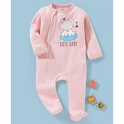 Babyhug Cotton Full Sleeves Sleepsuit Elephant Print - Peach