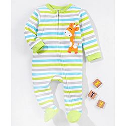 Babyhug Cotton Full Sleeves Striped Sleep Suit Donkey Embroidery- Green & Blue