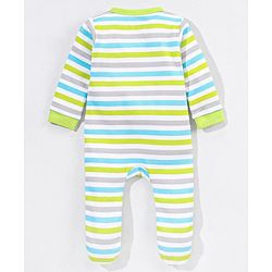 Babyhug Cotton Full Sleeves Striped Sleep Suit Donkey Embroidery- Green & Blue