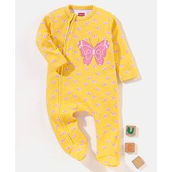 Babyhug Cotton Knit Full Sleeves Footed Sleepsuit Butterfly Print - Yellow