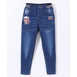 Babyhug Denim Full Length Stretchable Washed Jeans With Panda Patch- Blue