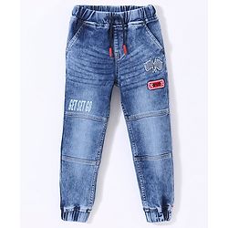 Babyhug Washed Denim Full Length Stretchable Jeans With Embroidery- Blue