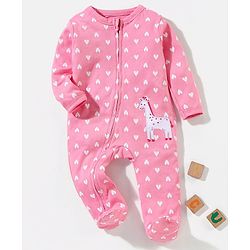 Babyhug Cotton Knit Full Sleeves Footed Sleepsuit Heart Print & Giraffe Applique - Pink