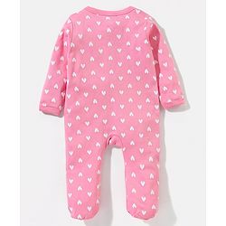 Babyhug Cotton Knit Full Sleeves Footed Sleepsuit Heart Print & Giraffe Applique - Pink