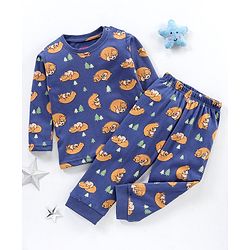 Babyhug Cotton Full Sleeves Night Suit Bear Print- Blue