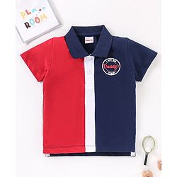 Babyhug Cotton Pique Knit Cut & Sew Half Sleeves Polo T-Shirt Text Print - Red Navy