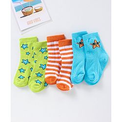 Cute Walk by Babyhug Anti Bacterial Ankle Length Non Terry Striped Socks Star Print Pack of 3 - Blue Green