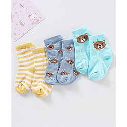 Cute Walk by Babyhug Anti Bacterial Ankle Length Non Terry Striped Socks Bear Design Pack of 3 - Blue Yellow