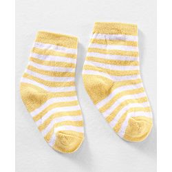 Cute Walk by Babyhug Anti Bacterial Ankle Length Non Terry Striped Socks Bear Design Pack of 3 - Blue Yellow