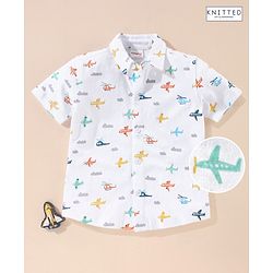 Babyhug Cotton Half Sleeves Knit Boys Shirt Aeroplane Print - White