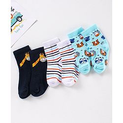 Cute Walk by Babyhug Anti Bacterial Ankle Length Non Terry Striped Socks Giraffe Print Pack of 3 - Blue White