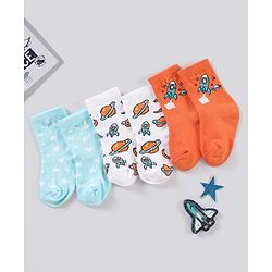 Cute Walk by Babyhug Ankle Length Anti Bacterial Space Theme Socks Pack Of 3 - Blue White