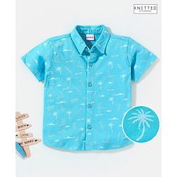 Babyhug Half Sleeves Cotton Knitted Beach Theme Printed Shirt - Blue