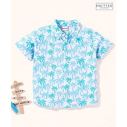 Babyhug Half Sleeves Cotton Knitted Palm Tree Printed Shirt - White & Blue