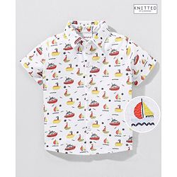 Babyhug Half Sleeves Cotton Knitted Boat Print Shirt- - White