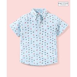 Babyhug Half Sleeves Cotton Knitted Airplane Print Shirt - Light Blue