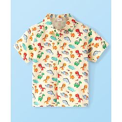 Babyhug Cotton Knit Half Sleeve  Regular Collar Dino Printed Shirt - White