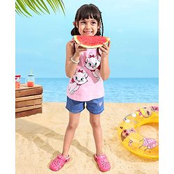Babyhug 100% Cotton Sleeveless Tee With Marie Print & Bow Detailing- Pink