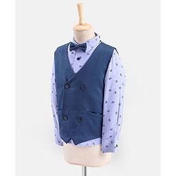 Babyhug Lycra Blend Full Sleeves Party Suit Ship Print- Blue & Grey