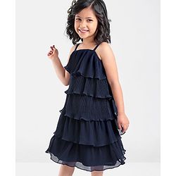 Babyhug Sleeveless Ruffled Layered Frock in Pleated Georgette - Navy