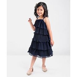 Babyhug Sleeveless Ruffled Layered Frock in Pleated Georgette - Navy