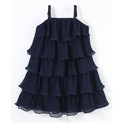 Babyhug Sleeveless Ruffled Layered Frock in Pleated Georgette - Navy