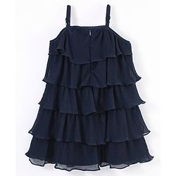 Babyhug Sleeveless Ruffled Layered Frock in Pleated Georgette - Navy