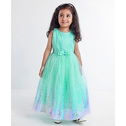Babyhug Sleeveless Party Frock with Sequinned Detailing and Bow Applique - Mint Green