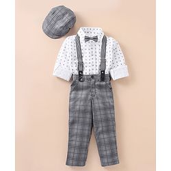 Babyhug Lycra Blend Full Sleeves Shirt & Trousers With A Suspender & Hat Checked- White & Grey