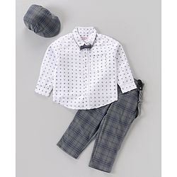 Babyhug Lycra Blend Full Sleeves Shirt & Trousers With A Suspender & Hat Checked- White & Grey