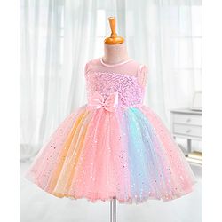 Babyhug Sleeveless Sequinned Party Frock With Bow - Multicolor