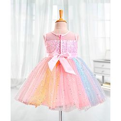 Babyhug Sleeveless Sequinned Party Frock With Bow - Multicolor