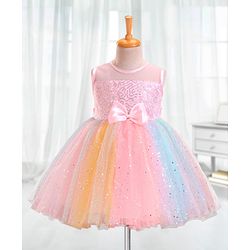Babyhug Sleeveless Sequinned Party Frock With Bow - Multicolor