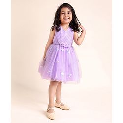Babyhug Sleeveless Pleated Yoke Party Frock With Corsage And Sequined Detailing - Lavender
