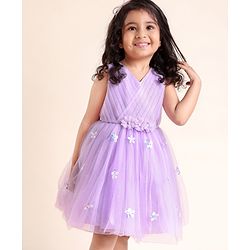 Babyhug Sleeveless Pleated Yoke Party Frock With Corsage And Sequined Detailing - Lavender