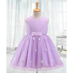 Babyhug Sleeveless Pleated Yoke Party Frock With Corsage And Sequined Detailing - Lavender