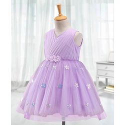 Babyhug Sleeveless Pleated Yoke Party Frock With Corsage And Sequined Detailing - Lavender