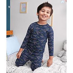 Babyhug Cotton Knit Full Sleeves Nightsuit Dino Print - Blue