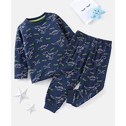 Babyhug Cotton Knit Full Sleeves Nightsuit Dino Print - Blue